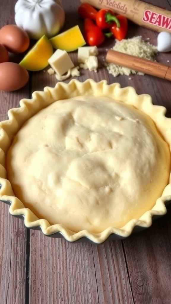 A golden brown flaky quiche crust in a tart pan, surrounded by fresh ingredients for filling.